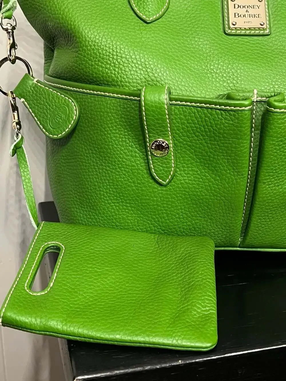 Dooney & Bourke Kelly Green Pebble Leather Crescent Tote with Pouch - Picture 2 of 12
